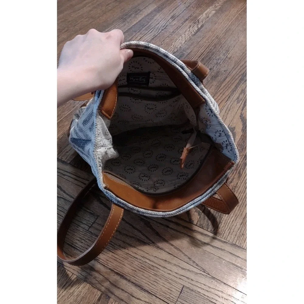 Myra Bag Canvas Leather Geometric Tote Bag Grey Brown Embossed Floral S-2244